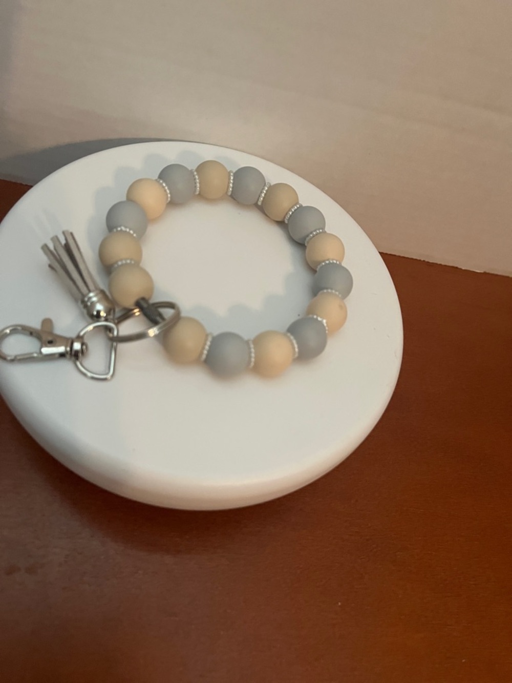 Beaded Wrist Keychain Bracelet with Tassel - Beige & Gray